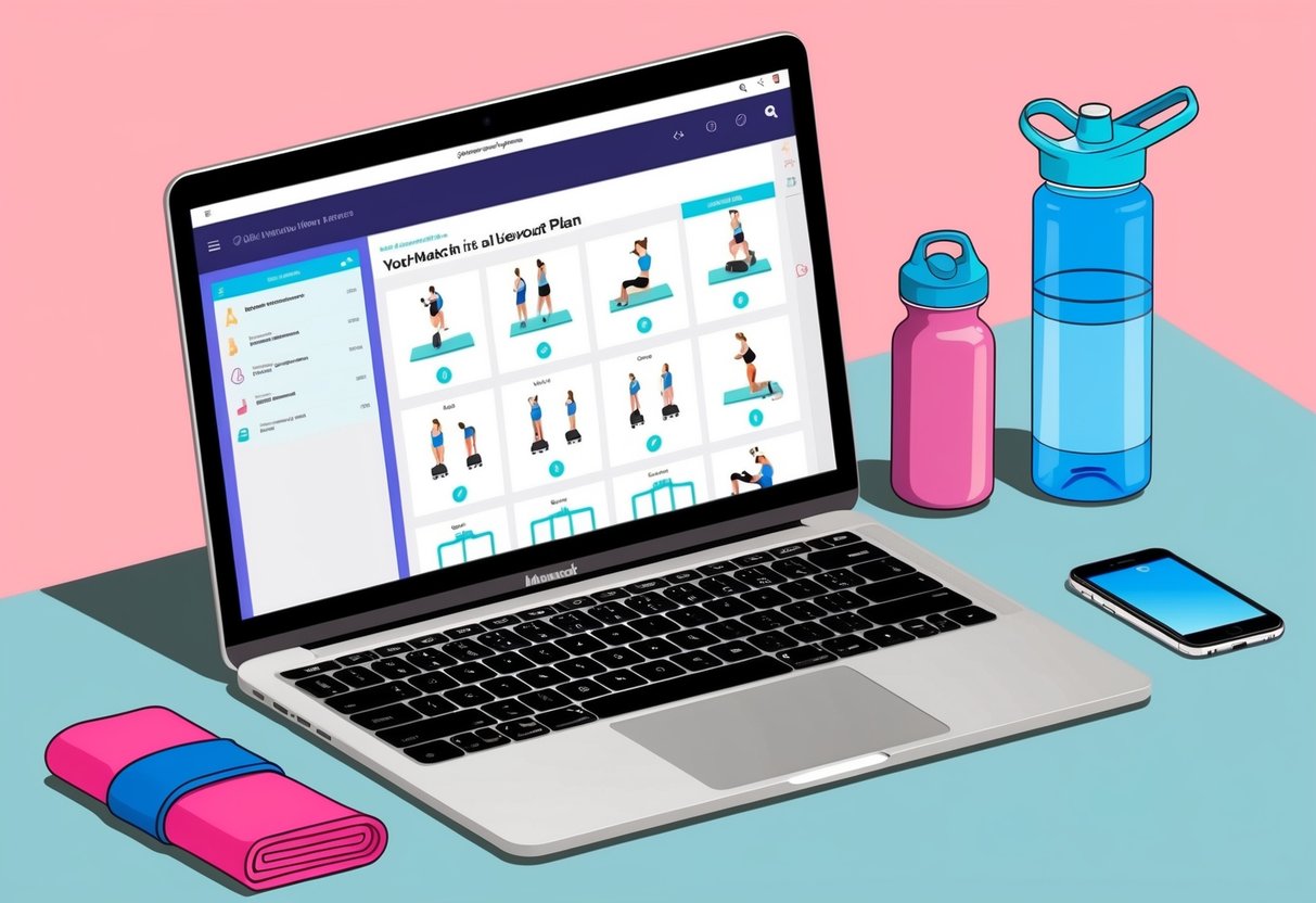 A laptop with a fitness app open, displaying a customized workout plan. A water bottle and towel nearby