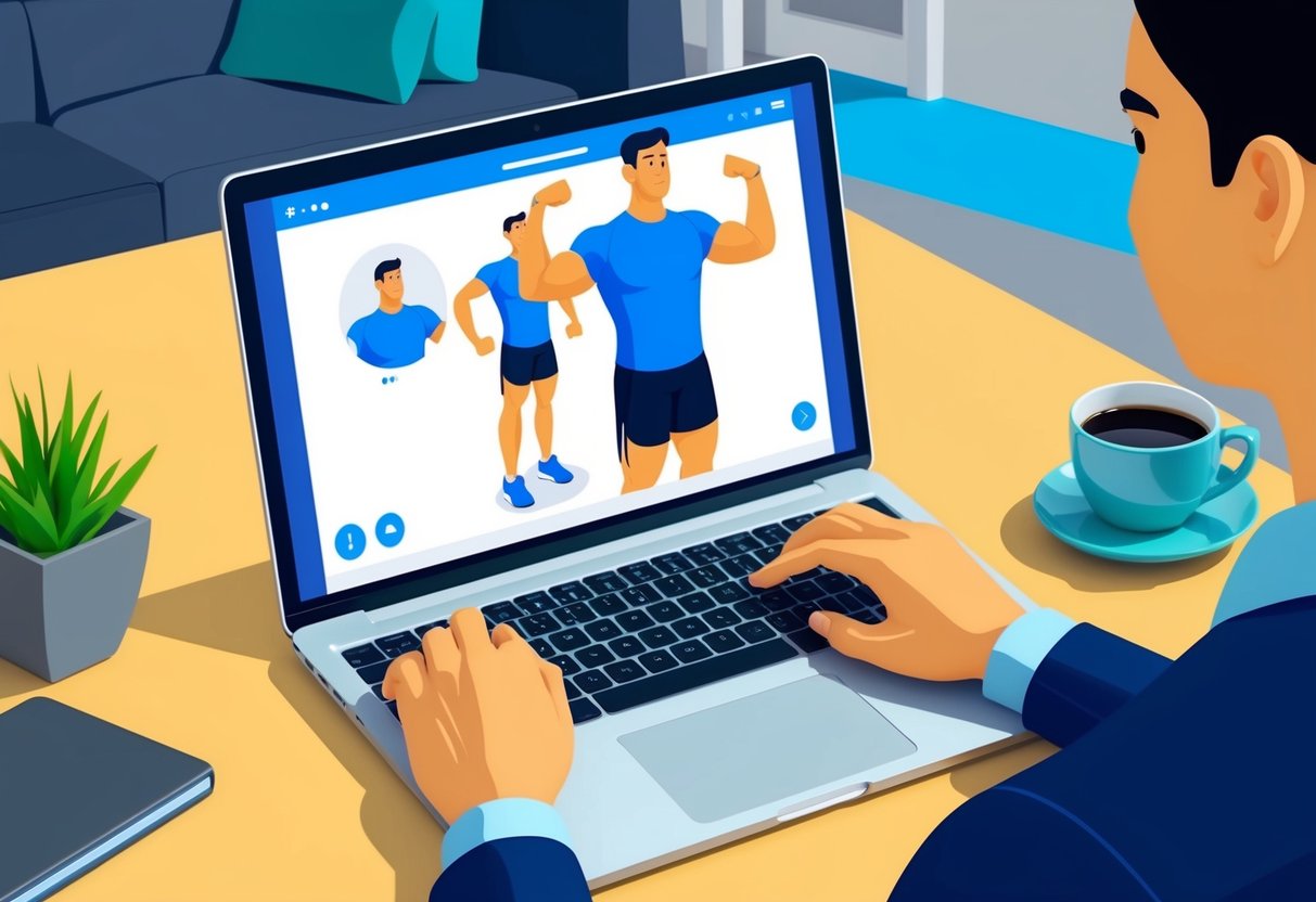A person using a laptop or smartphone to connect with a virtual personal trainer. The trainer is visible on the screen, guiding the individual through a workout