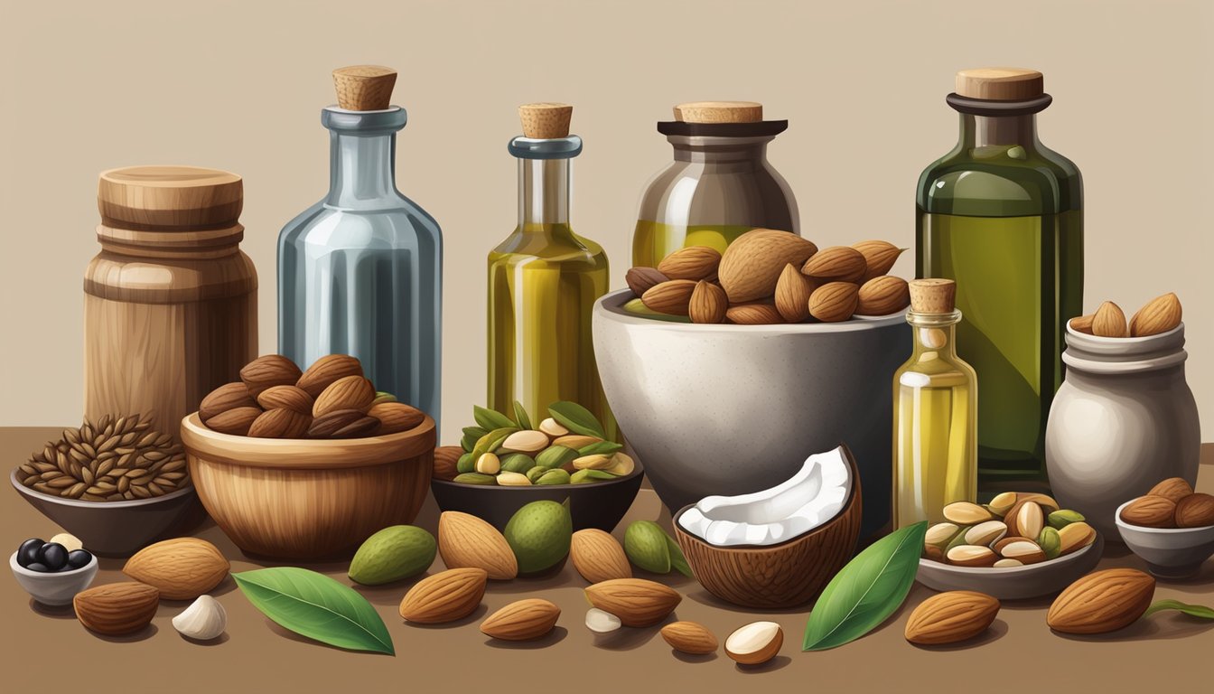 A collection of various seeds and nuts, such as almonds, coconuts, and olives, surrounded by cold-pressed oil bottles and a mortar and pestle