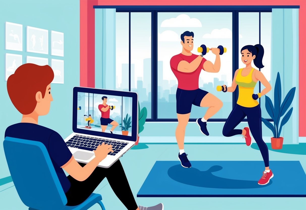 A person using a laptop to video chat with a personal trainer. The trainer is guiding them through a workout in a well-lit and spacious room