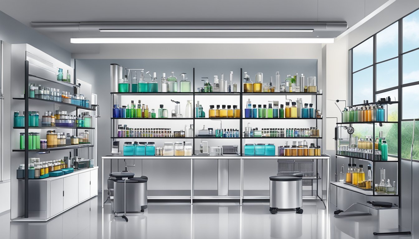 A sleek, modern laboratory setting with shelves of Katari Beauty cold-pressed oils and professional equipment