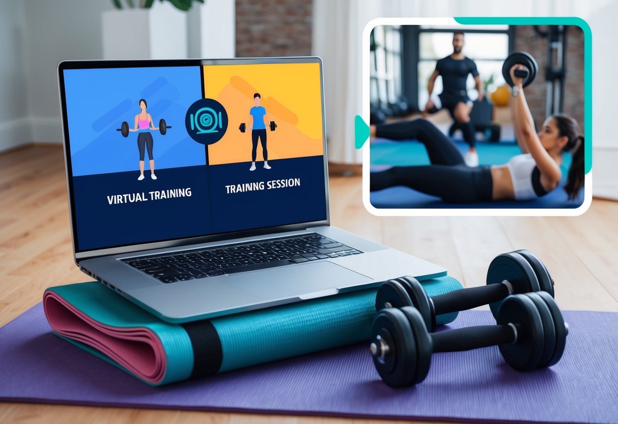 A laptop and a set of weights on a yoga mat, with a virtual training session playing on the screen, while an in-person training session is shown in the background