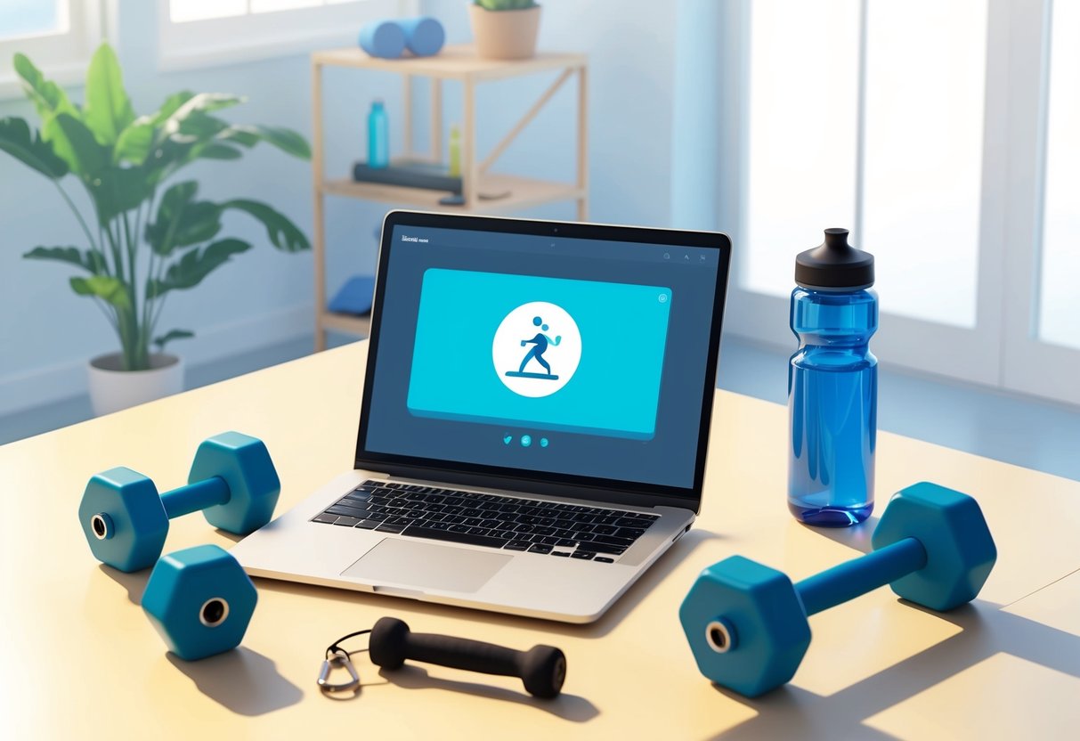 A laptop with a fitness app open, surrounded by workout equipment and a water bottle, in a bright, clean home gym setting