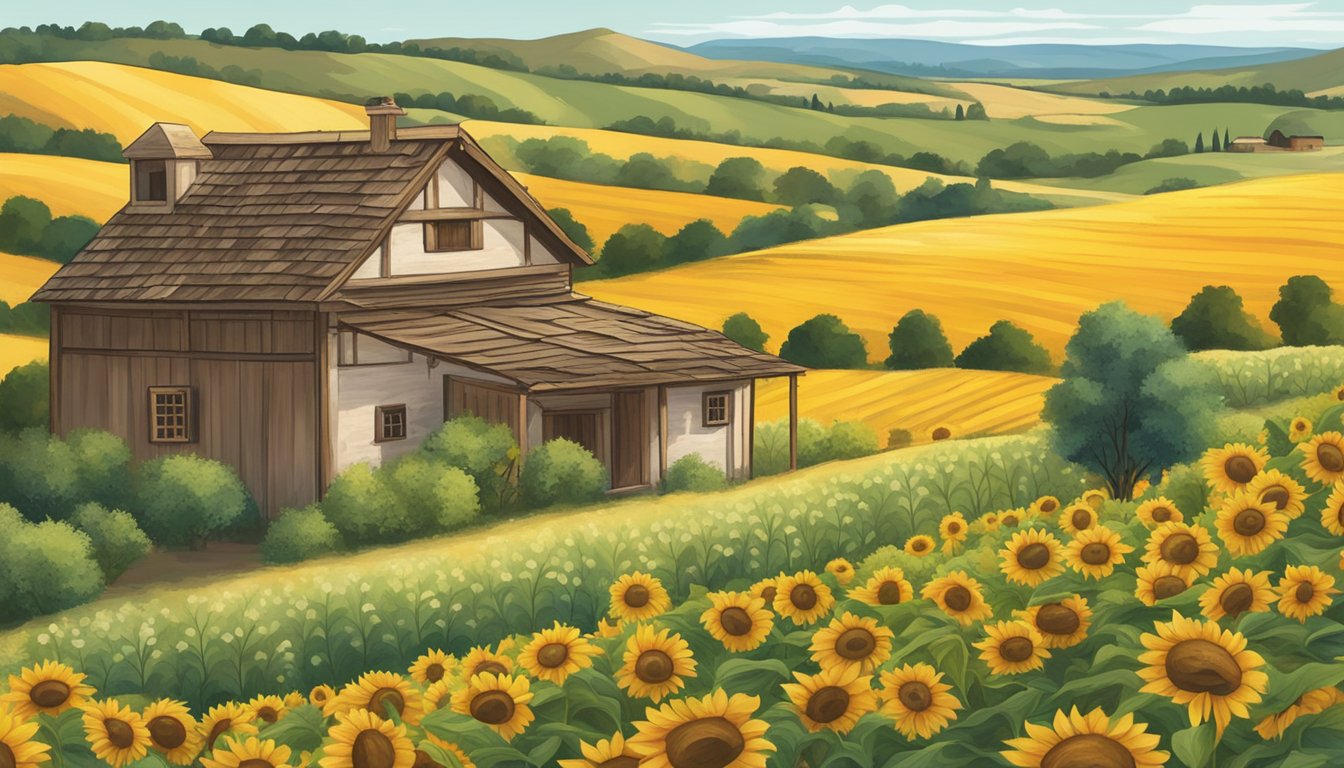 A serene countryside landscape with fields of sunflowers and olives, a rustic wooden press, and bottles of Mary Taylor Naturals cold-pressed oils