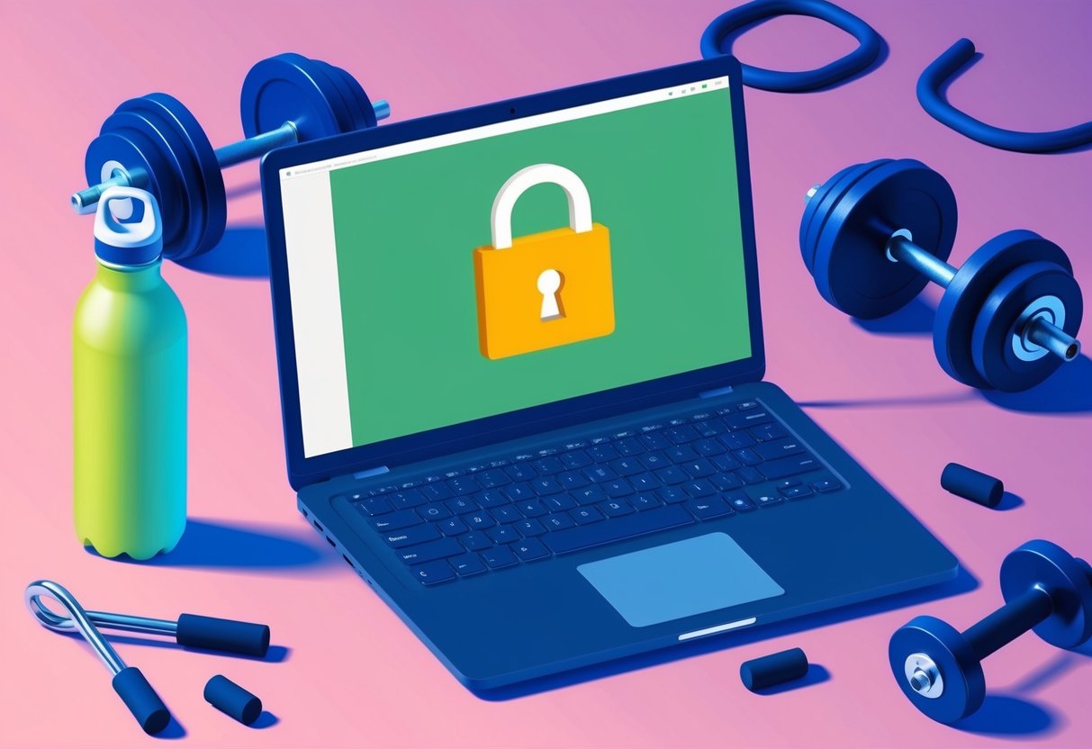 A laptop with a secure padlock symbol on the screen, surrounded by fitness equipment and a water bottle