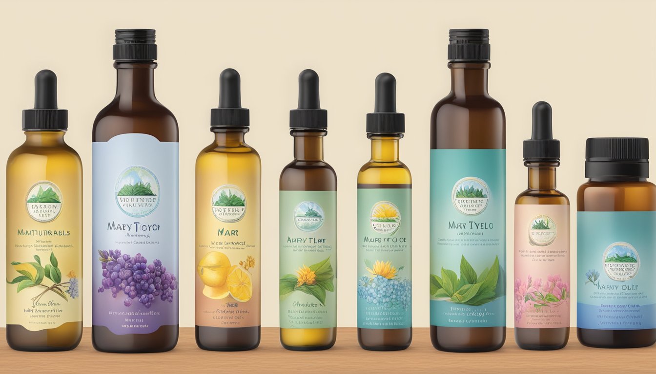 A table with various bottles of Mary Tylor Naturals cold-pressed oils, each labeled with its specific use