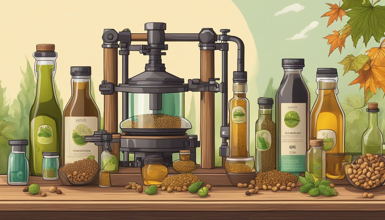 A wooden press extracting oil from various seeds and nuts, surrounded by bottles of cold-pressed oils with the Maple Holistics logo