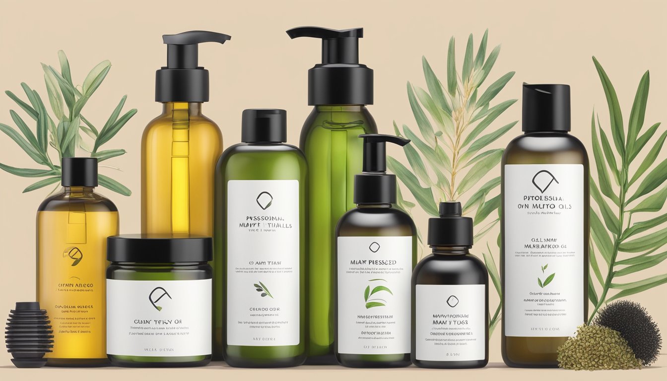 A bottle of Mary Taylor Naturals cold pressed oils surrounded by various hair care products on a clean, minimalist background