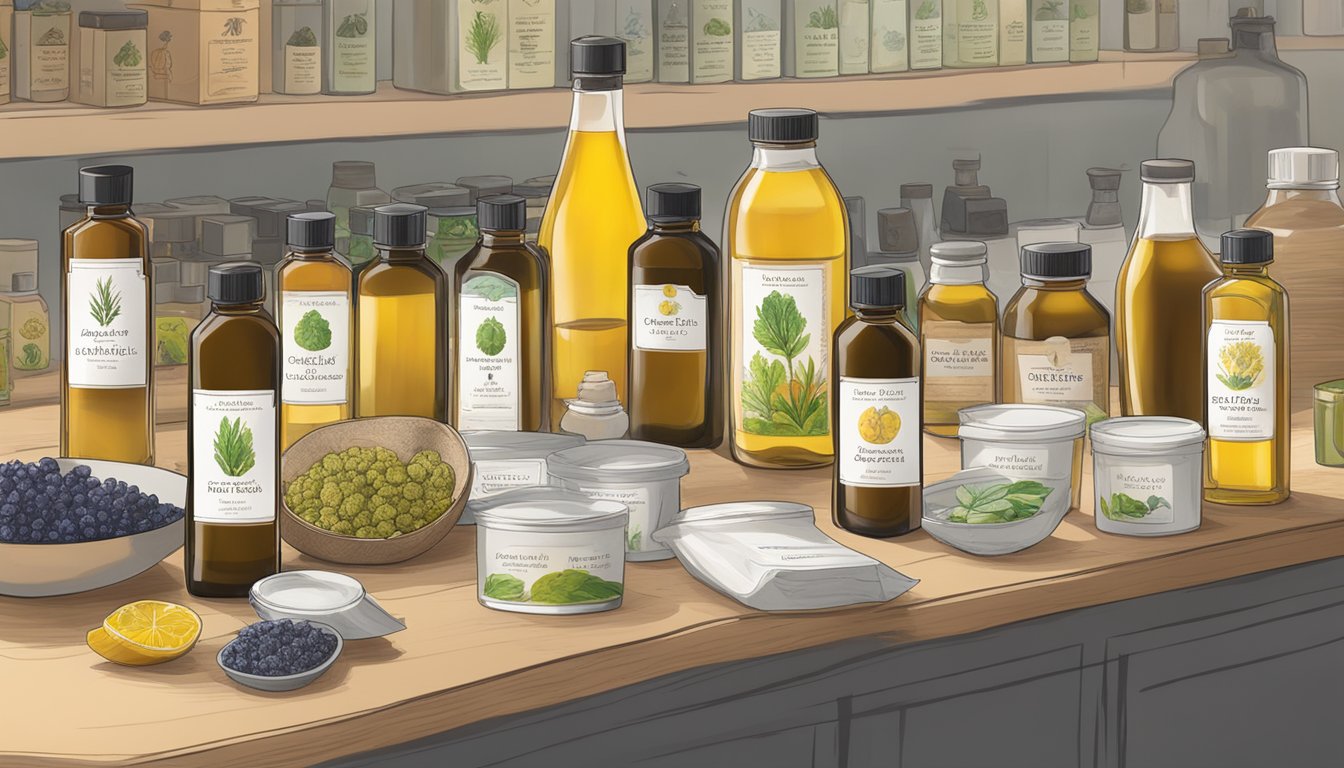 A table with neatly arranged bottles of Mary Taylor Naturals cold-pressed oils, surrounded by packaging materials and quality control equipment