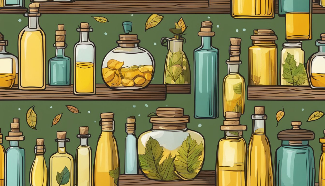 Bottles of cold pressed oils arranged on a wooden shelf with maple leaves scattered around