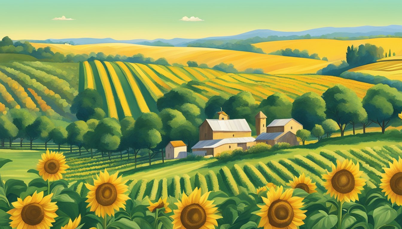 A serene landscape with lush green fields and a clear blue sky, featuring a small, sustainable farm with workers carefully tending to rows of sunflowers and olives for Mary Taylor Naturals cold-pressed oils