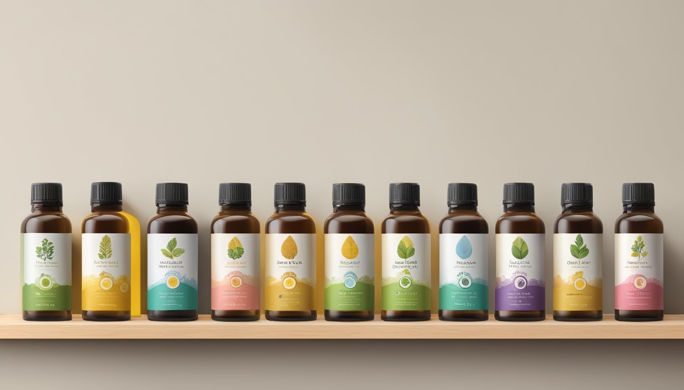 A variety of cold-pressed oils (argan, jojoba, coconut, etc.) arranged on a wooden shelf with Maple Holistics branding