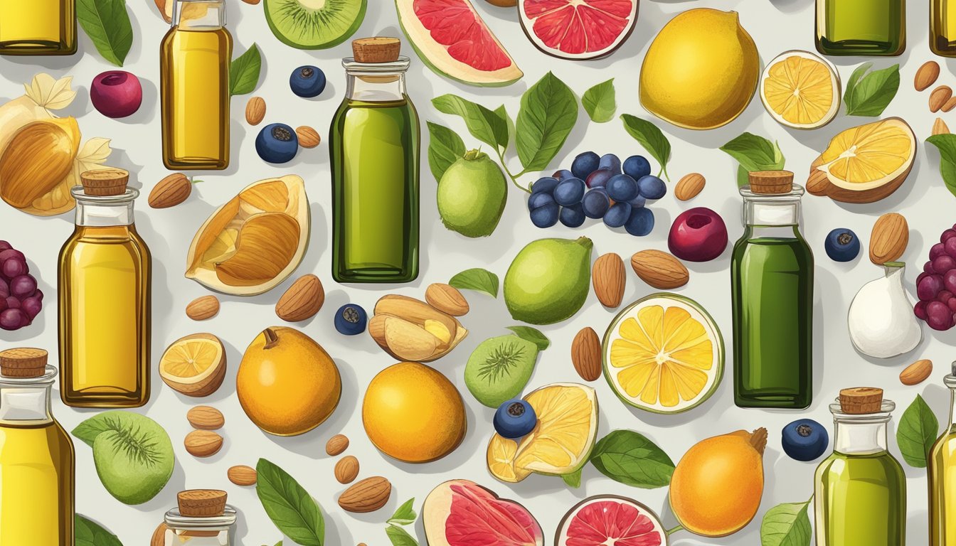 A bottle of cold-pressed oils surrounded by various fruits and nuts, with a spotlight highlighting the importance of fats and antioxidants