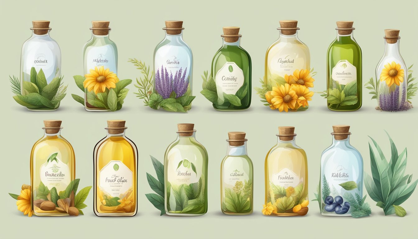 A variety of cold-pressed oils in glass bottles with labels, surrounded by natural elements like plants and seeds