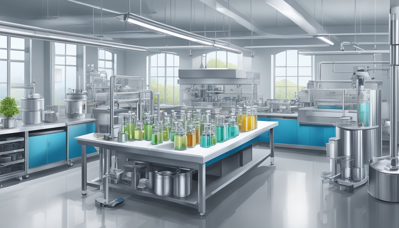 A pristine laboratory setting with modern equipment and machinery for cold-pressing oils, surrounded by quality control measures and purity assurance protocols