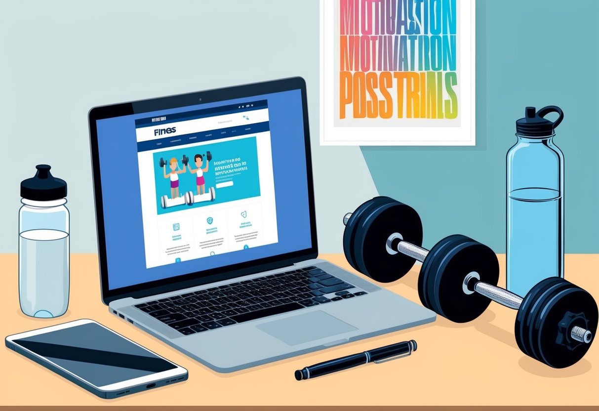 A laptop open on a desk, with a fitness website displayed. Dumbbells and a water bottle nearby. A motivational poster on the wall