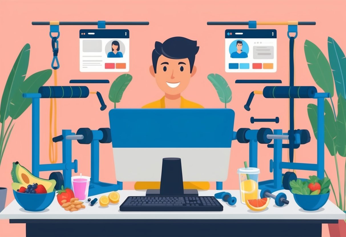 A person sitting at a computer, surrounded by fitness equipment and healthy food, researching online personal training options