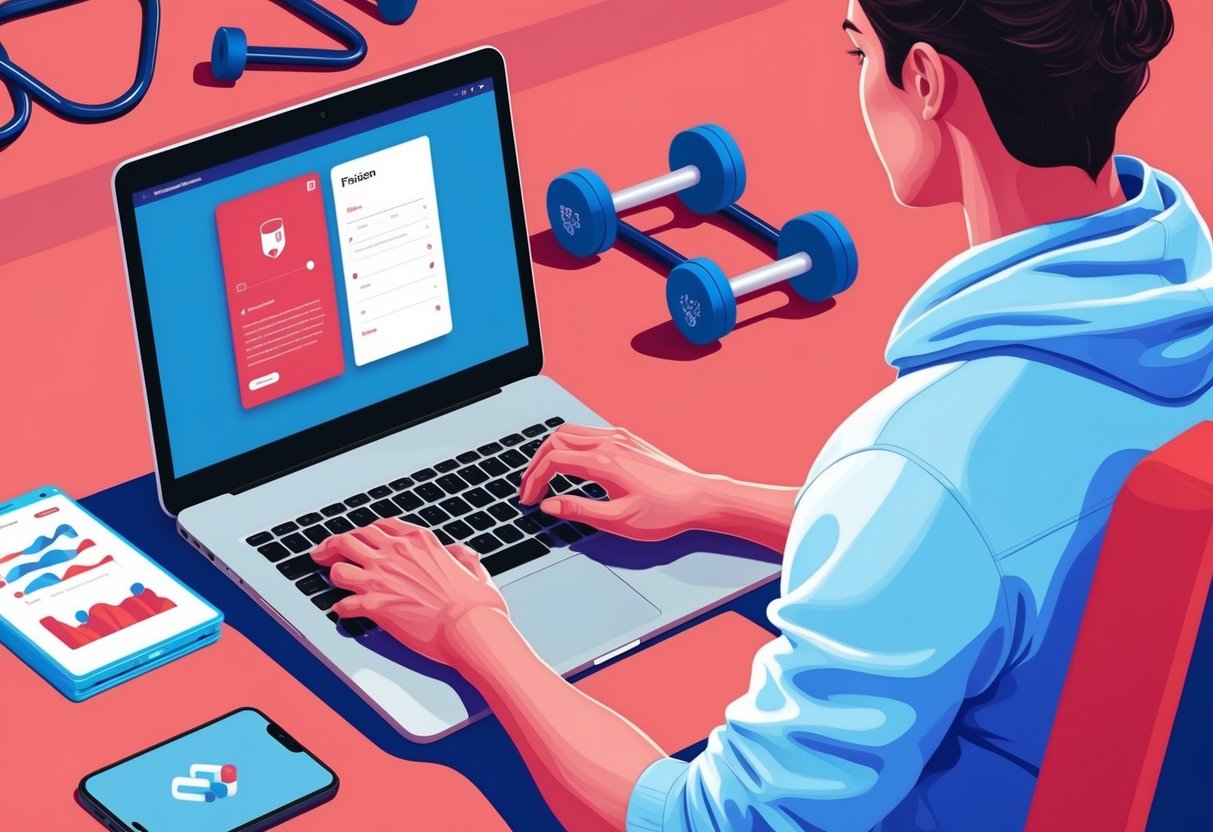 A person using a laptop with fitness equipment in the background