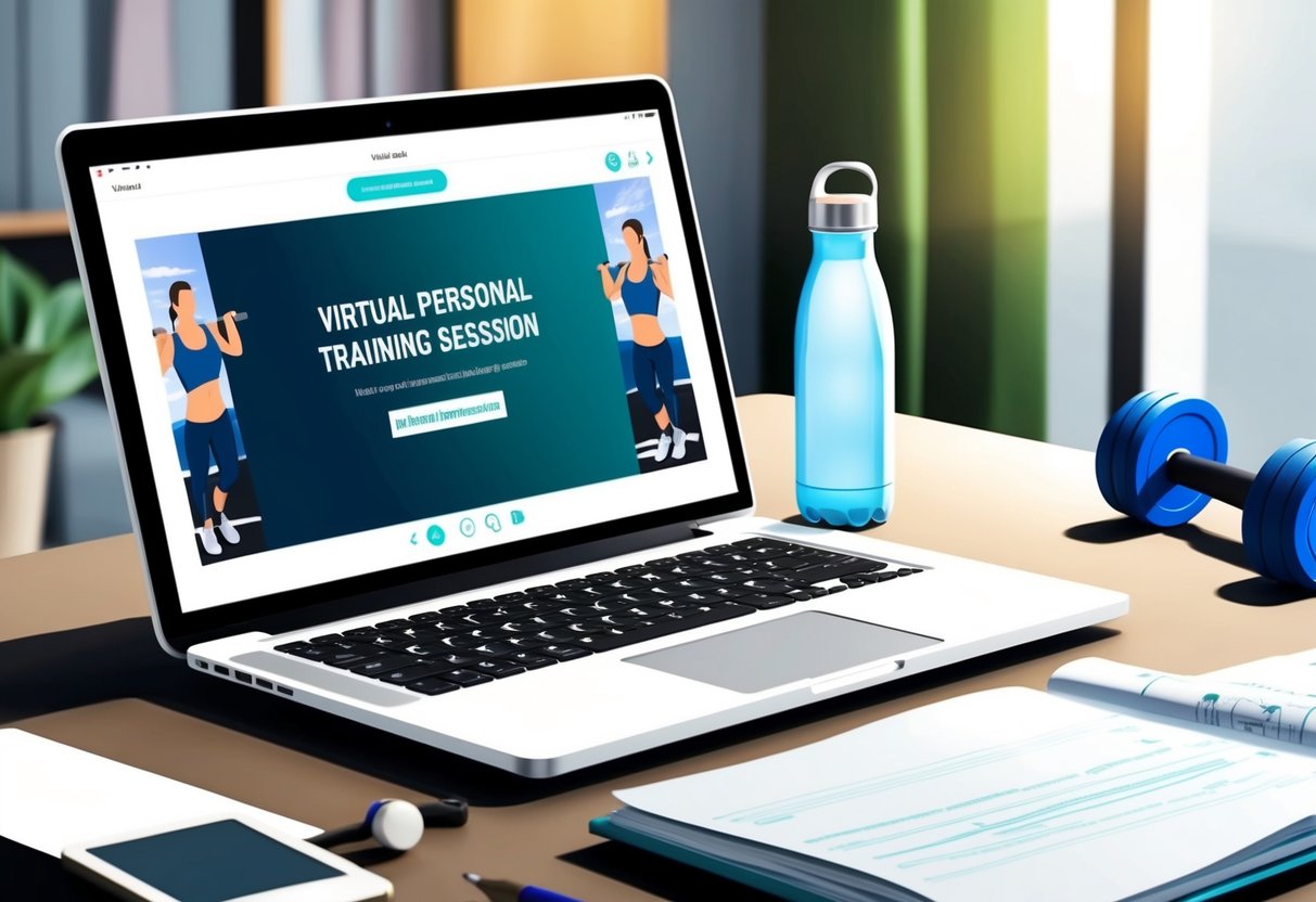 A laptop open on a desk, displaying a virtual personal training session with a motivational quote on the screen. A water bottle and workout equipment nearby