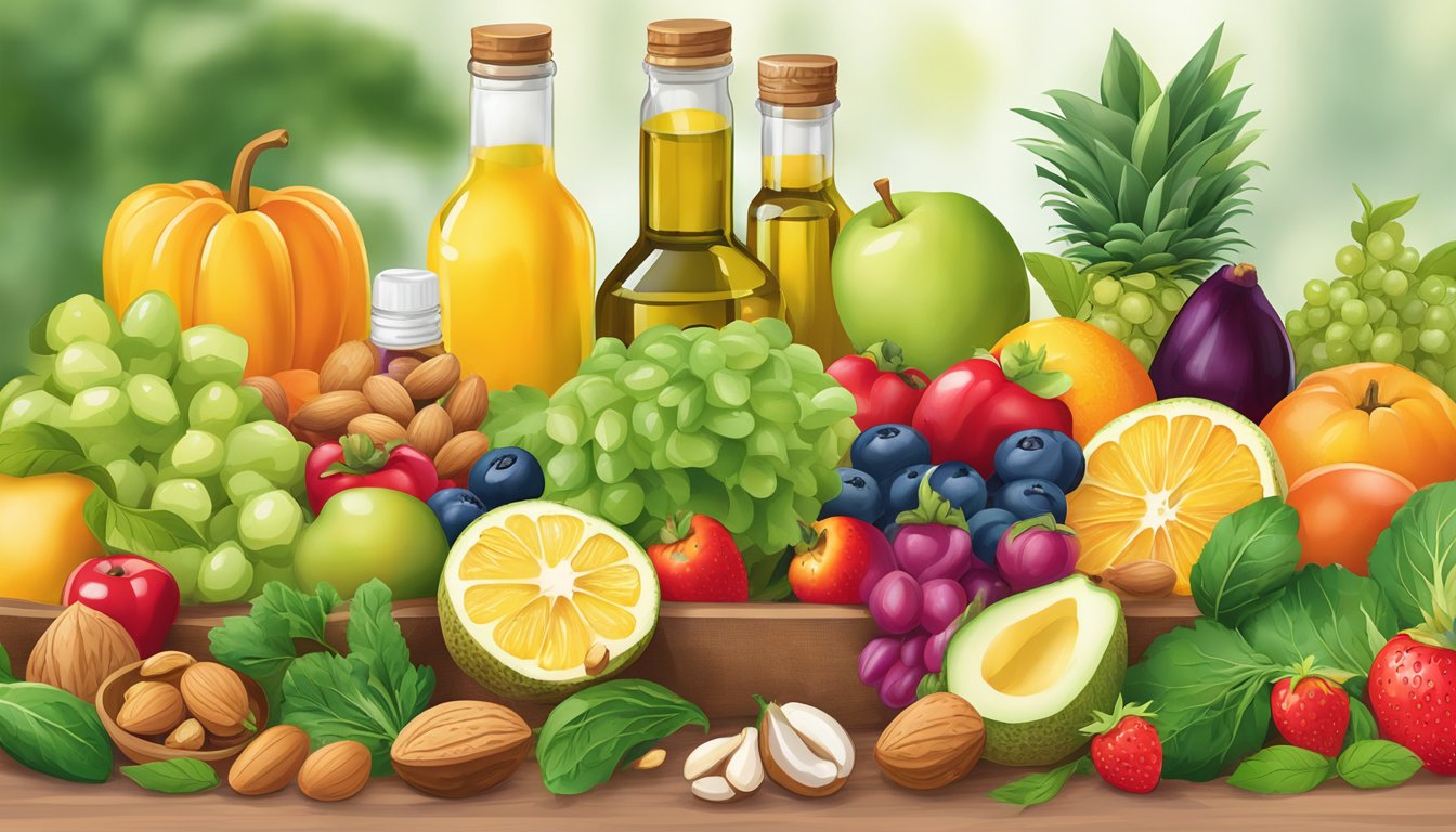 A variety of fresh fruits, vegetables, and nuts surrounding a bottle of Naturemills cold-pressed oil