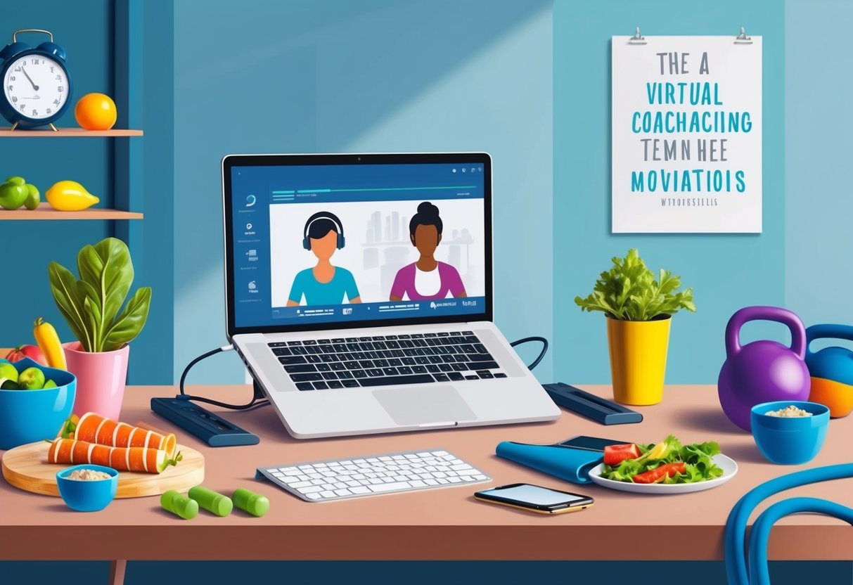 A laptop open on a desk, surrounded by workout equipment and healthy food. A virtual coaching session in progress, with a motivational poster on the wall