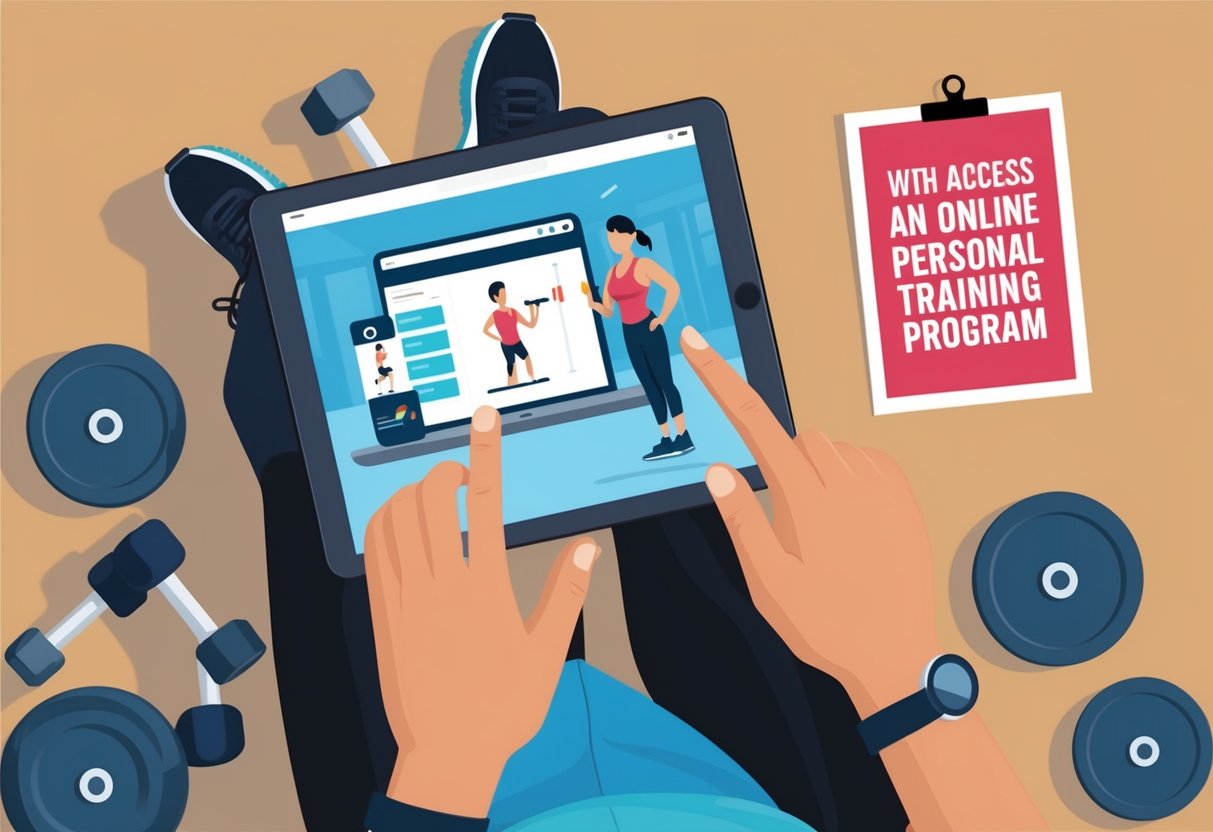 A person using a tablet or laptop to access an online personal training program, surrounded by workout equipment and a motivational poster