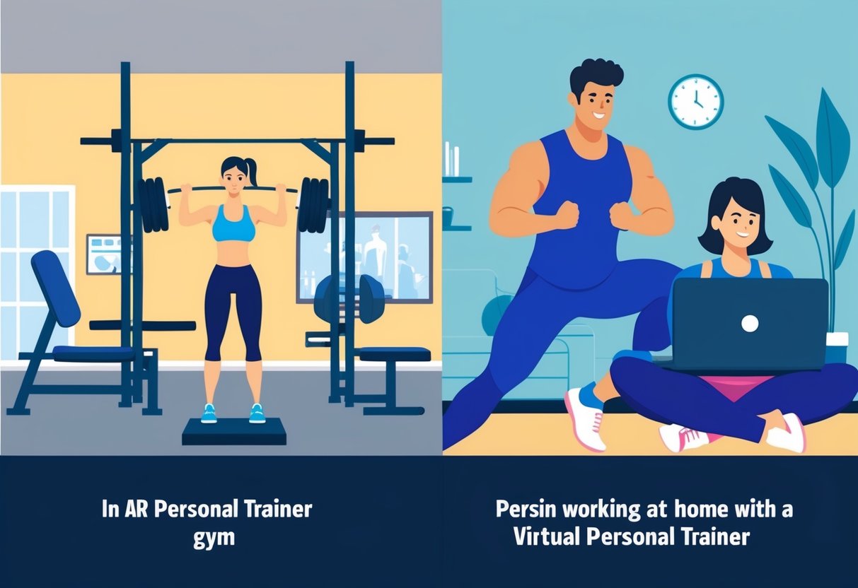 A person exercising in a gym with a personal trainer vs. a person working out at home with a virtual personal trainer on a laptop