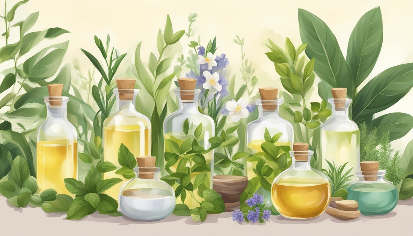 Aromatherapy scene: A collection of cold pressed oils, surrounded by various plants and herbs, with soft natural lighting