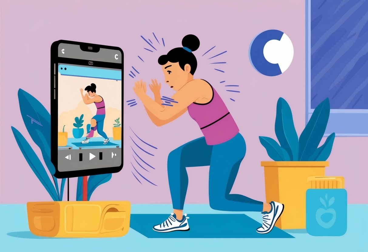 A person struggling to follow along with a workout video on a small screen, surrounded by distractions and lacking personalized feedback