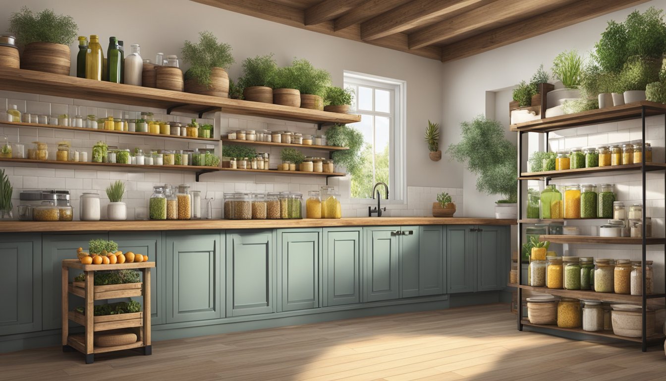 A rustic kitchen with shelves of naturemills cold pressed oils and various containers for storage