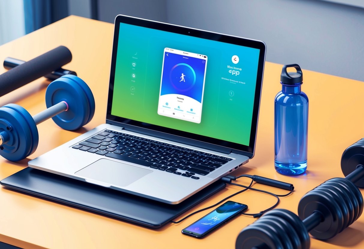 A laptop open on a desk with a fitness app displayed, surrounded by workout equipment and a water bottle