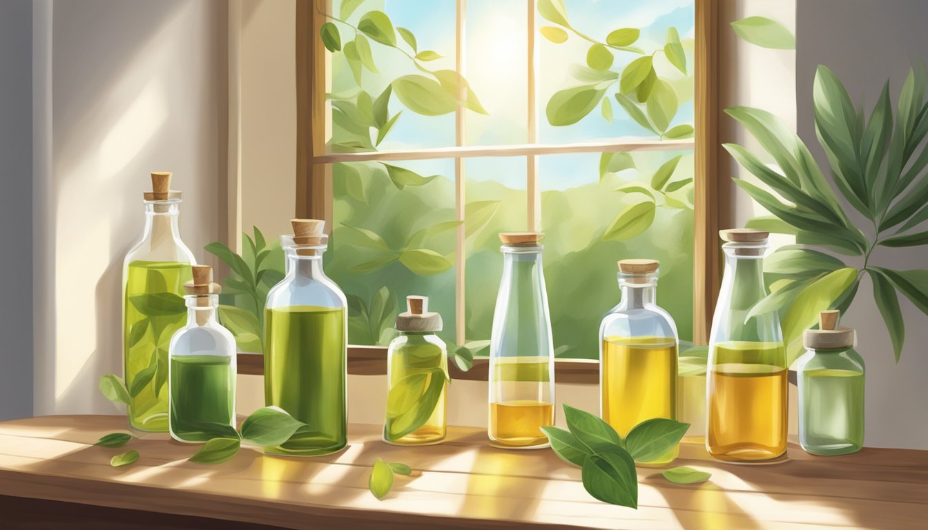 A serene spa-like setting with various bottles of cold pressed oils arranged on a wooden shelf, surrounded by greenery and natural light streaming in through a window