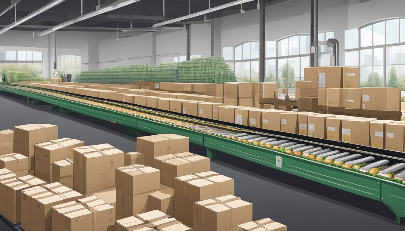 A conveyor belt moves bottles of Naturemills cold pressed oils into shipping boxes. Labels and packing materials are neatly organized nearby