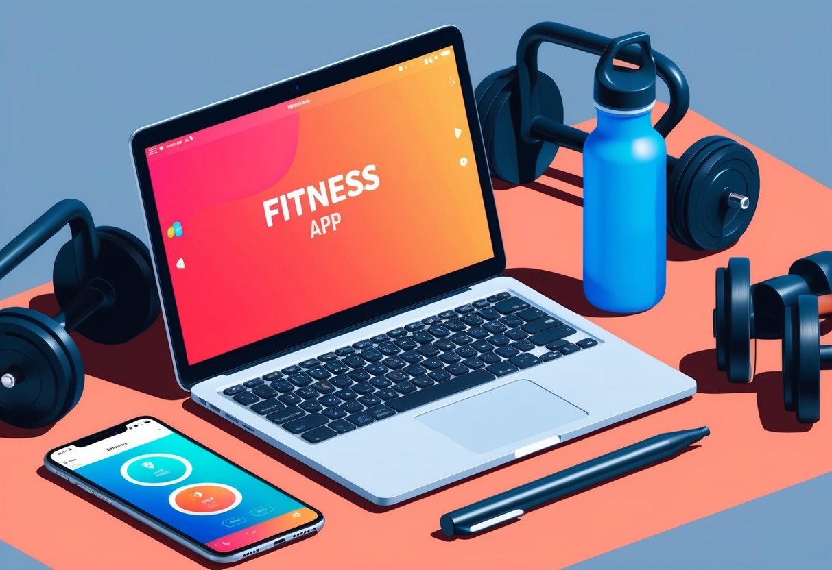 A laptop with a fitness app open, surrounded by workout equipment and a water bottle
