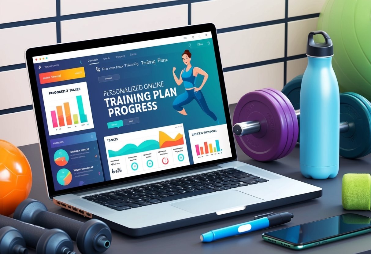 A laptop displaying a personalized online training plan with motivational quotes and progress charts, surrounded by workout equipment and a water bottle