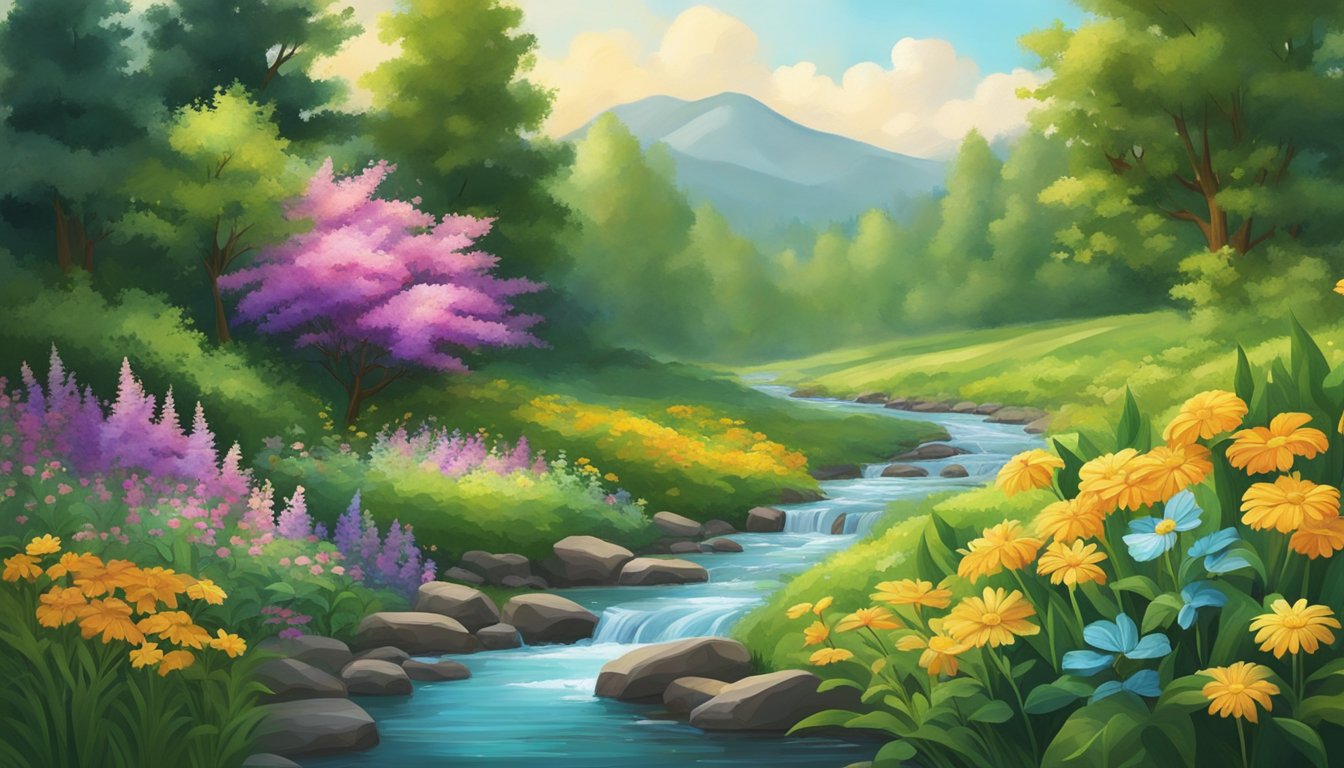 A lush, green forest with a clear stream running through it, surrounded by fields of colorful flowers and plants. A gentle breeze carries the scent of freshly cold-pressed oils