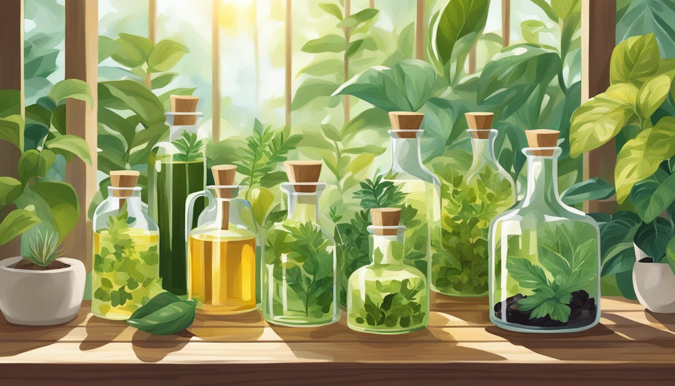 A serene garden with various botanicals and cold-pressed oils displayed on a wooden table, surrounded by lush greenery and sunlight filtering through the leaves