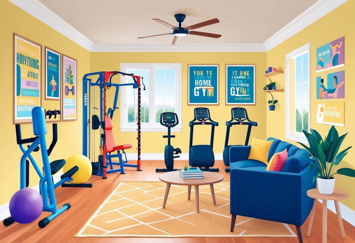 A bright and inviting home gym with colorful workout equipment, motivational posters, and a cozy seating area for virtual coaching sessions