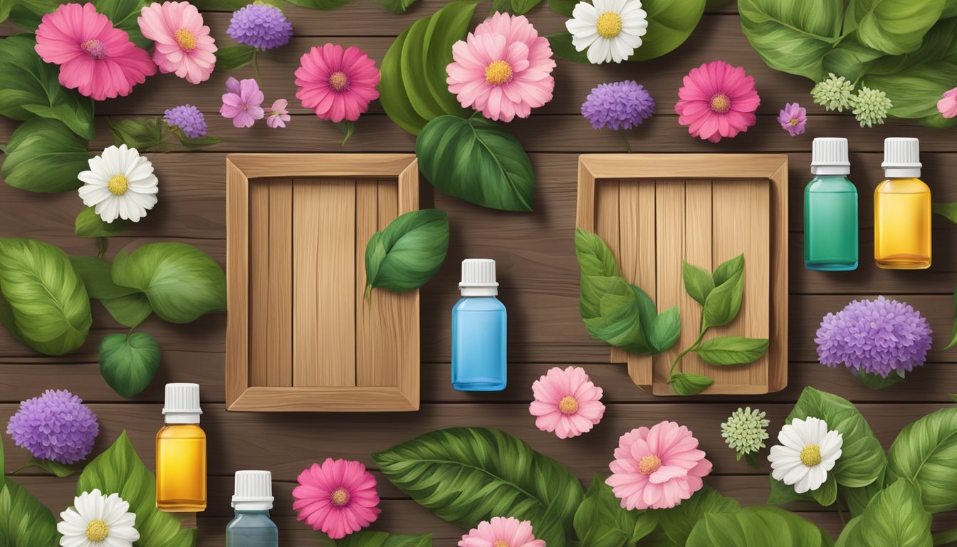 A variety of plant therapy oils arranged on a rustic wooden table, surrounded by lush greenery and colorful flowers