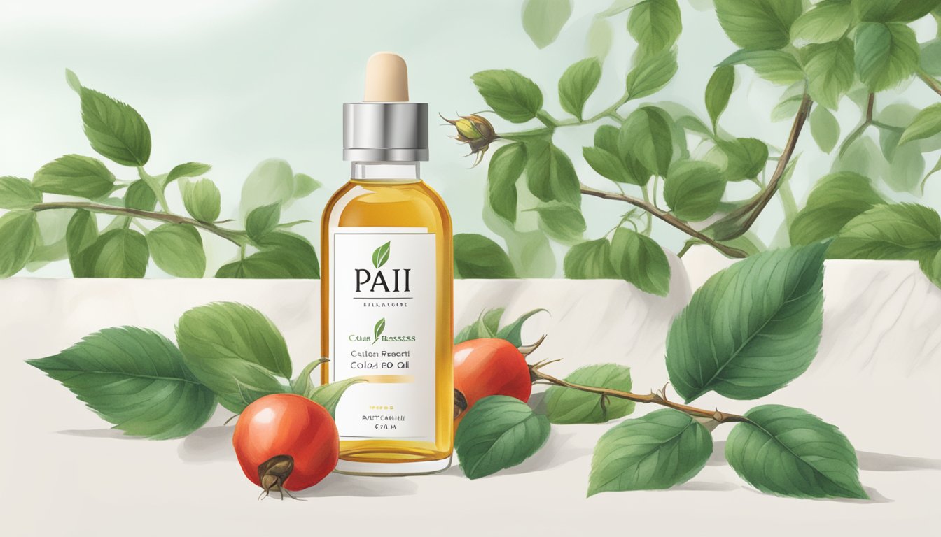 A clear glass bottle of Pai cold-pressed rosehip oil sits on a white marble countertop, surrounded by fresh rosehips and green leaves