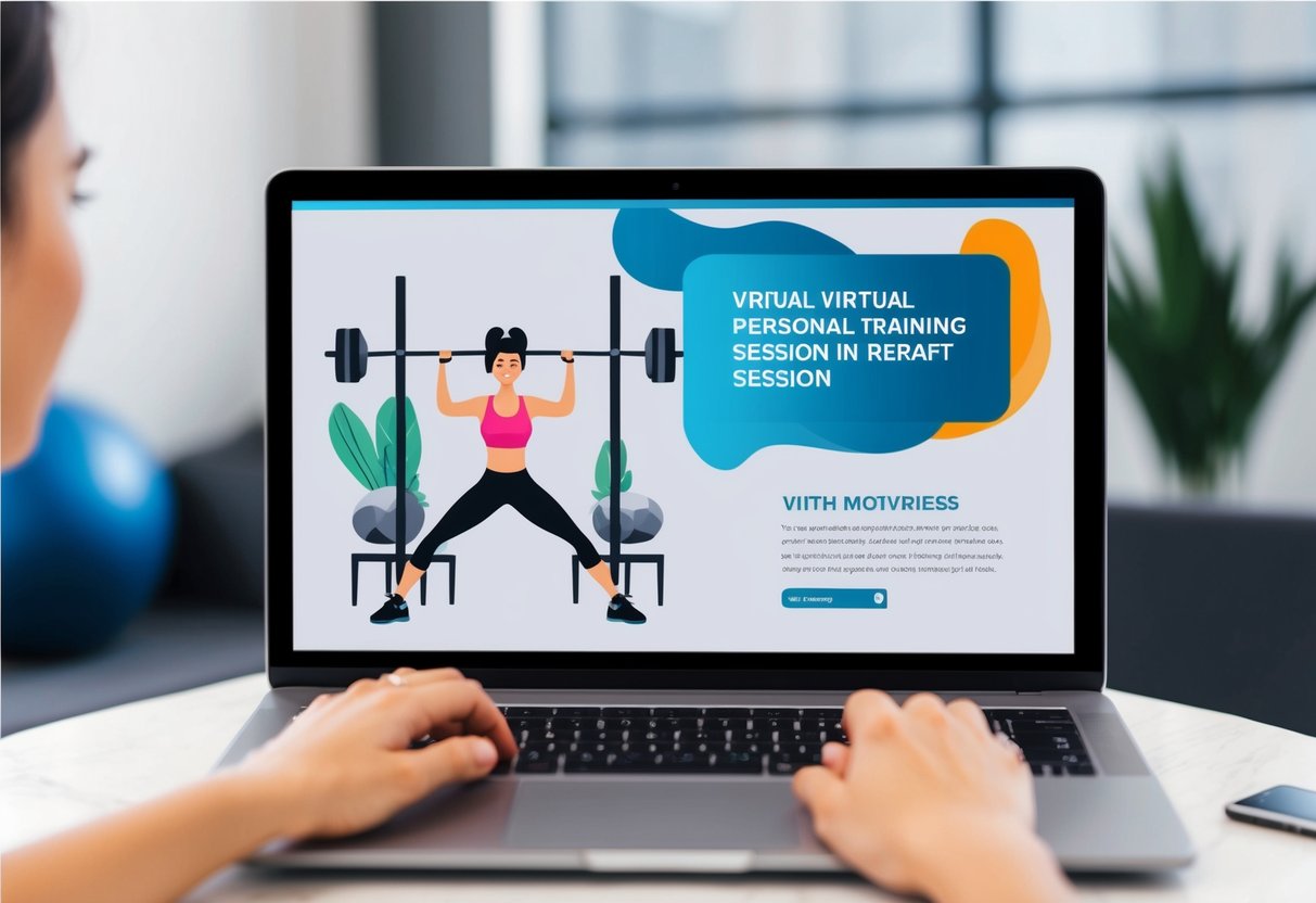 A laptop displaying a virtual personal training session with a motivational quote in the background. A client is engaged and exercising