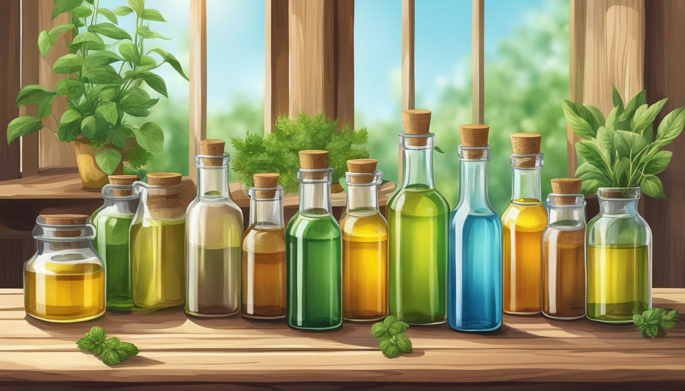 A variety of colorful bottles of cold-pressed oils and blends arranged on a rustic wooden table with fresh herbs and plants in the background