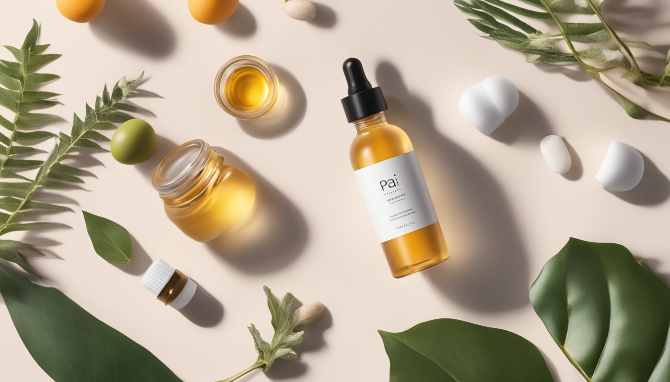 A bottle of Pai cold-pressed rosehip oil surrounded by various skin care products and botanical ingredients, with soft natural lighting casting gentle shadows