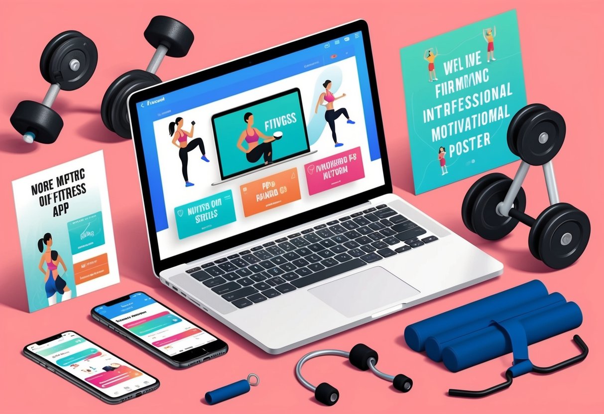 A laptop with a fitness app open, surrounded by workout equipment and motivational posters