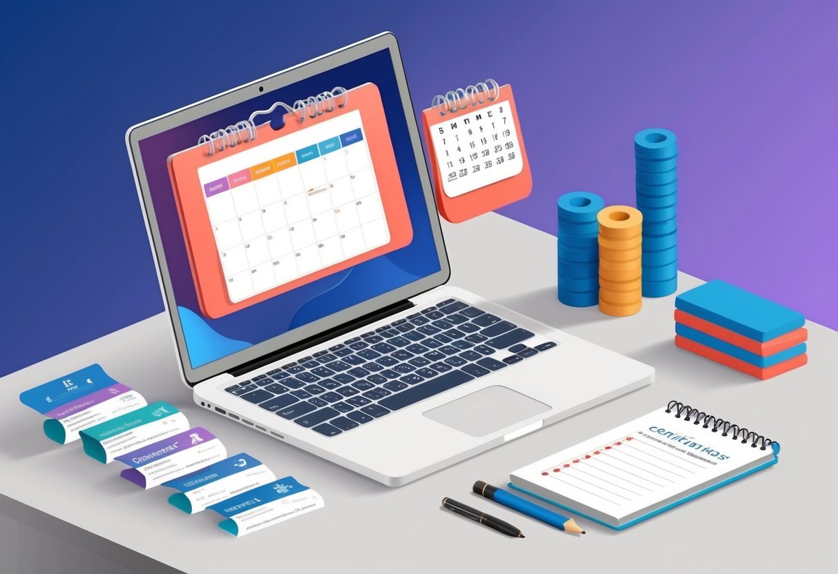 A laptop with fitness equipment, a calendar, and a list of certifications and qualifications for an online personal trainer