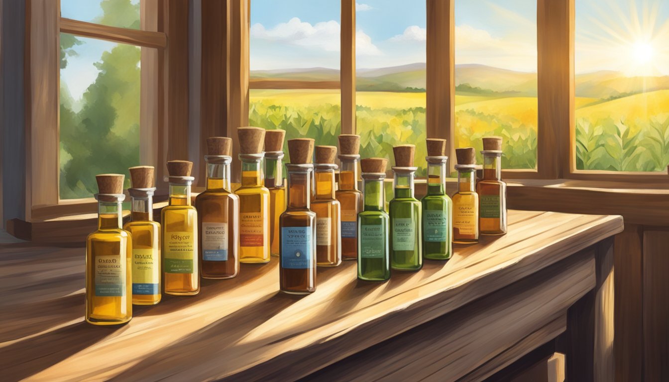 A small, rustic wooden table displays various bottles of organic cold-pressed oils, each bearing a different certification label. Sunlight streams through a nearby window, casting a warm glow on the scene