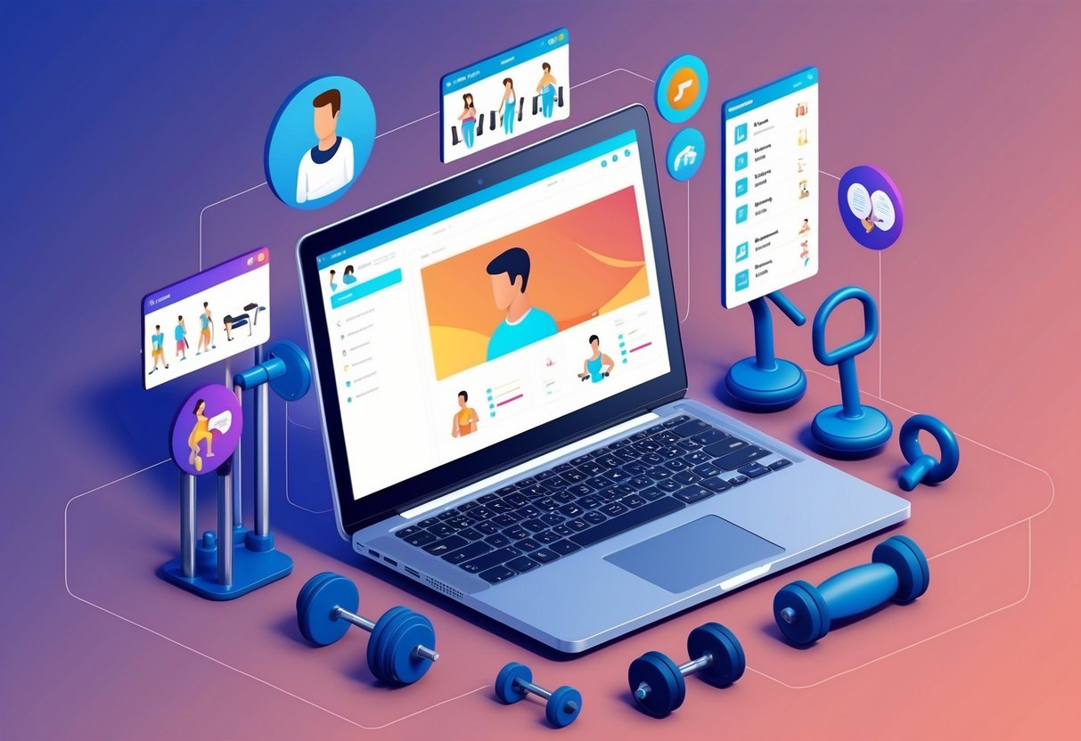 A laptop with various fitness equipment and a person's profile on the screen, surrounded by icons of different workout programs and nutrition plans