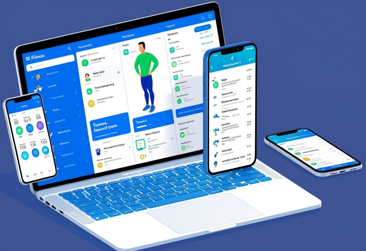 A laptop displaying various fitness training programs with a person's profile and workout schedule on the screen. A tablet and smartphone are also shown with fitness apps and workout plans