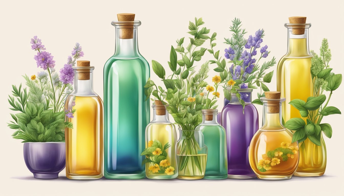 A collection of glass bottles filled with colorful cold-pressed oils, surrounded by fresh herbs and flowers