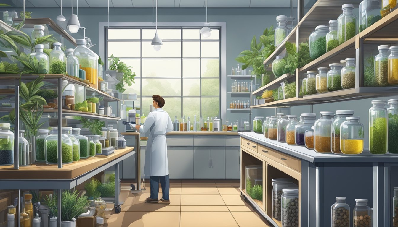 A modern laboratory with state-of-the-art equipment and machinery for cold pressing oils, surrounded by shelves of botanical ingredients and scientific formulations